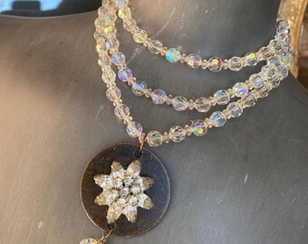 Vintage Clear AB Crystal Triple Strand with Vintage Metal Tag