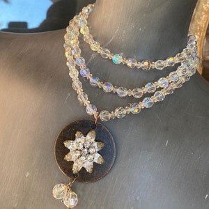 Vintage Clear AB Crystal Triple Strand with Vintage Metal Tag