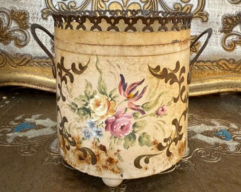 Vintage Floral Painted Tin Pot by Frances Martin