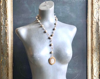 Vintage Silver Tone Filigree Lariate Necklace with Vintage Cameo & Chatelaine Drop