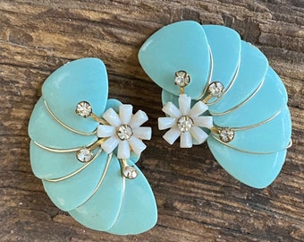 Vintage Blue Plastic Flower Earrings with Rhinestones