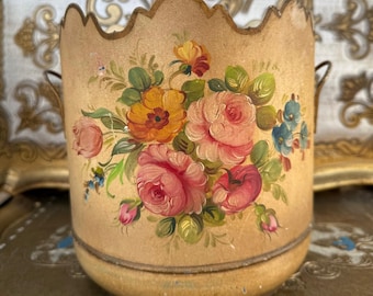 Antique French Cache Pot Painted Tole mustard yellow Floral Jardiniere