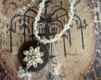 Vintage Clear AB Crystal Triple Strand with Vintage Metal Tag