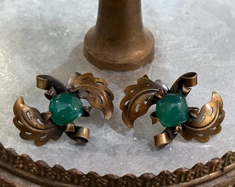 Vintage Estate Art Nouveau Brass Clip Earrings Green Peking Glass