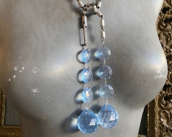 Silver Tone Lariat Chain with Vintage Faux Blue Crystal Drops
