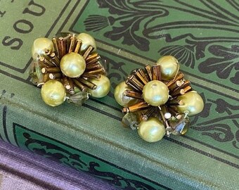 Vintage Richelieu Green & Copper Toned Clip Earrings