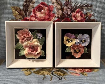 Two Vintage Floral Ceramic Decoupage Artwork Wall Hangings