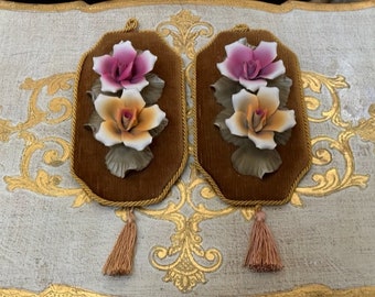 Vintage Capodimonte 3D Floral Porcelain Velvet Wall Plaque - Made in Italy
