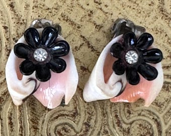 Vintage Shell And Black Flower Clip On Earrings