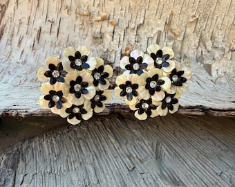 Vintage Celluloid Black & Cream Clip On Earrings