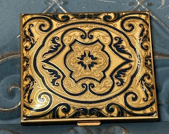 Vintage Brass & Tooled Leather Compact 1950's