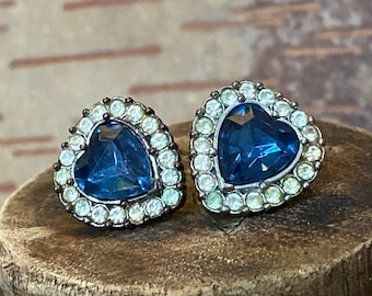 Vintage Blue & Clear Crystal Heart Pierced Aerrings
