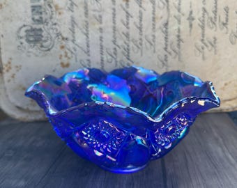 Vintage Cobalt Blue Carnival Glass 10" Bowl
