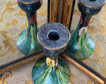1920's Grimwades Byzanta Ware Hand Painted Lustreware Tulip Candle Holders Set of 2