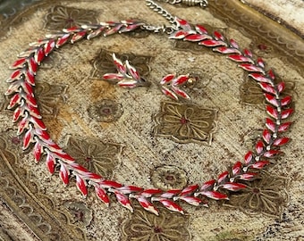 Vintage Estate Alice Caviness Red Enamel Necklace & Earrings Set