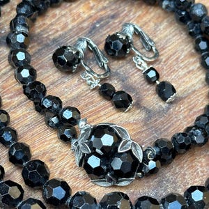 Vintage Estate Sherman Black Beaded Necklace & Earrings