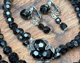 Vintage Estate Sherman Black Beaded Necklace & Earrings