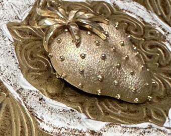 Vintage Estate Trifari Gold Tone Strawberry Brooch Signed