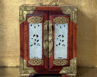 This antique Chinese Jewelry Box Wood & Jade with Brass Details