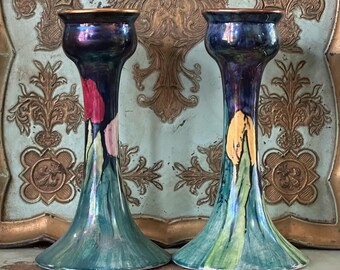 1920's Grimwades Byzanta Ware Hand Painted Lustreware Tulip Candle Holders Set of 2