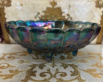 Vintage Iridescent Blue Carnival Glass Footed Bowl