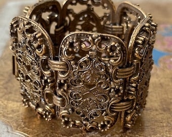 Vintage Filigree Wide Cuff Bracelet with 1900's Chatelaine Decorations