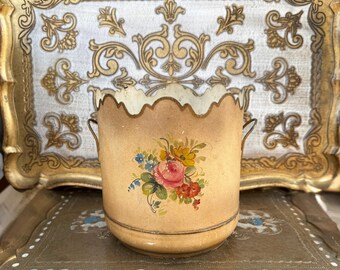Antique French Cache Pot Painted Tole Mustard Yellow Floral