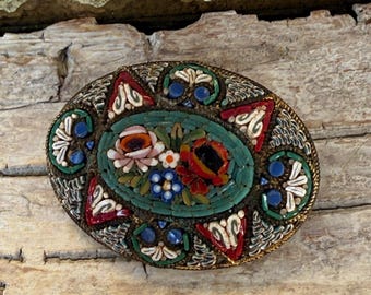 Floral Vintage 1940's Brass Italian Micro Mosaic Pin with flowers