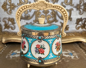 Vintage 1960's Tin Container with lid and ornate handle.