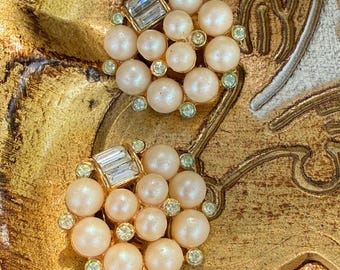 Vintage Signed Nina Ricci Faux Pearl and Baguette Stone Clip Earrings
