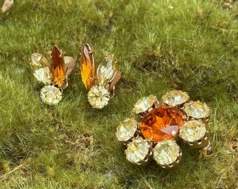 Vintage Estate Crystal Flower Pin with Clip Earrings