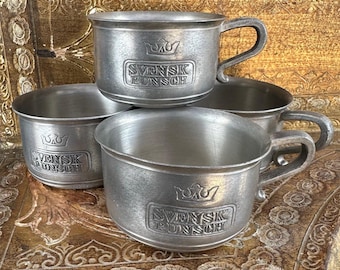 Vintage Swedish Pewter Set of 4 Punch Cups, Engraved Svensk Punsch, Scandia Tenn Karlshamn Small Drinking Cups