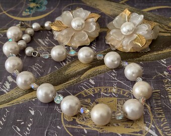 Vintage Faux Pearl & AB Crystal Necklace with Clip Earrings