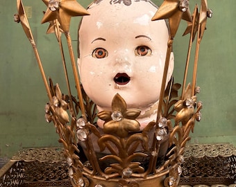 Vintage Doll Head & Crown Display