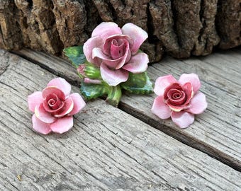 Crown Staffordshire Flower Brooch & Earrings