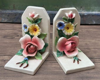 Vintage Capodimonte Floral Ceramic Bookends
