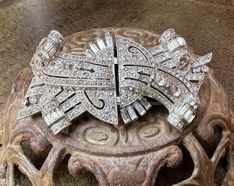 Vintage Estate Art Deco Coro Huge Duette Rhinestone Brooch 1930's