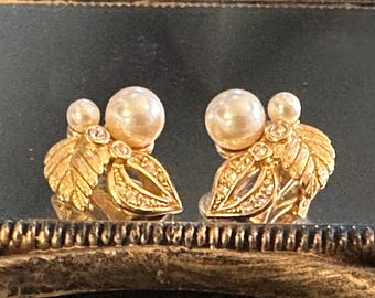 Vintage Estate DIOR Pearl and Leaf Gold Plated Clip Earrings