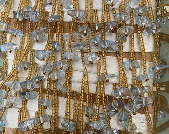 Blue and gold vintage beads on sweet pale blue vintage ribbon