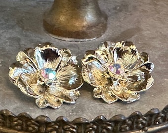 Vintage Gold Tones Clip On Flowers with Rhinestone Center