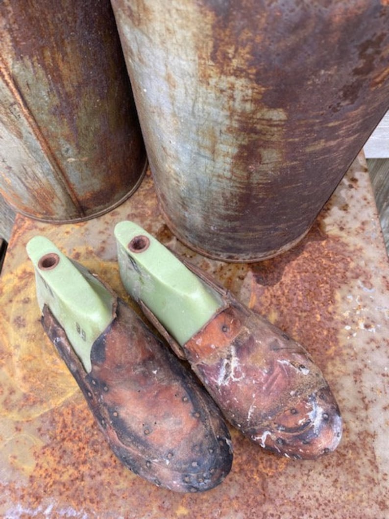 May include: Two brown leather shoe forms with green plastic inserts. The shoe forms are sitting on a rusty metal surface.
