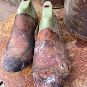 May include: Two brown leather shoe lasts with green plastic inserts. The lasts are sitting on a rusty metal surface.