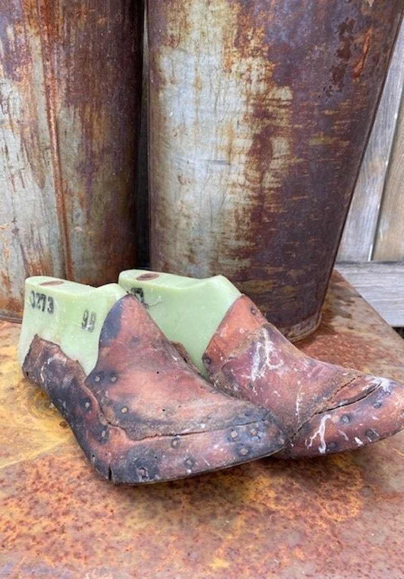May include: Two brown leather shoe lasts with green and white markings. The lasts are sitting on a rusty metal surface. The lasts are marked with the numbers 99 and 3273.