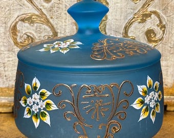 Vintage  Blue Bohemian Floral Art Glass Trinket Container 1960's