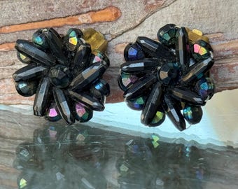 Vintage Blue Black Clip Earrings signed West Germany