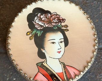 Vintage Metal Jar with Candle and Asian Enamel Decoration (1)