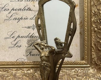 Art Nouveau Brass Mirror with Lady