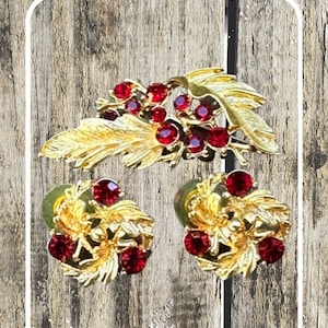 Vintage Coro Red and Goldtone Brooch & Earring Set