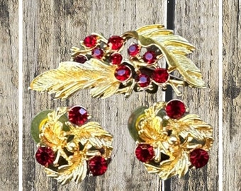 Vintage Coro Red and Goldtone Brooch & Earring Set