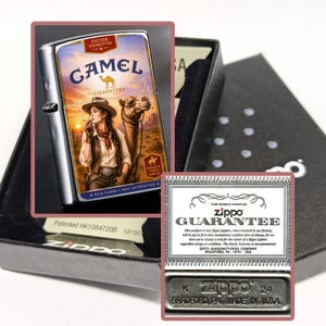 May include: A silver Zippo lighter with a Camel Cigarettes graphic featuring a woman, a camel, and a desert scene. The lighter is in a black box with a guarantee card and a base with the text "Zippo, Bradford, PA, Made in USA."